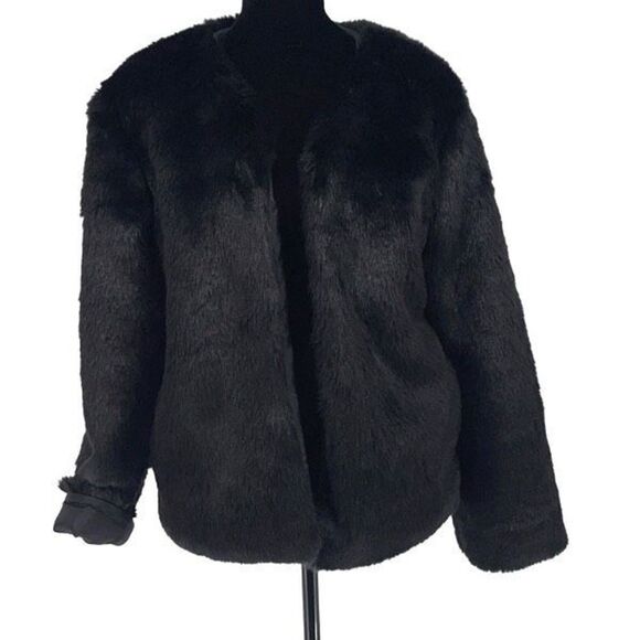 Faux Fur Jacket Hook Eye Front‎ Long Sleeve Lined Black Size XXL - Picture 1 of 8